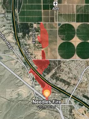 SBCOUNTYFIRE's tweet photo. #NeedlesFire: 

Fire at 203 acres, 60 in California, 143 Arizona (as of last aerial mapping)

🔥Forward of spread on California side has slowed, minimal additional FROS. 

🚒Firefighters continue to work on perimeter control, containment and structure defense. https://t.co/NkwxsGccfo