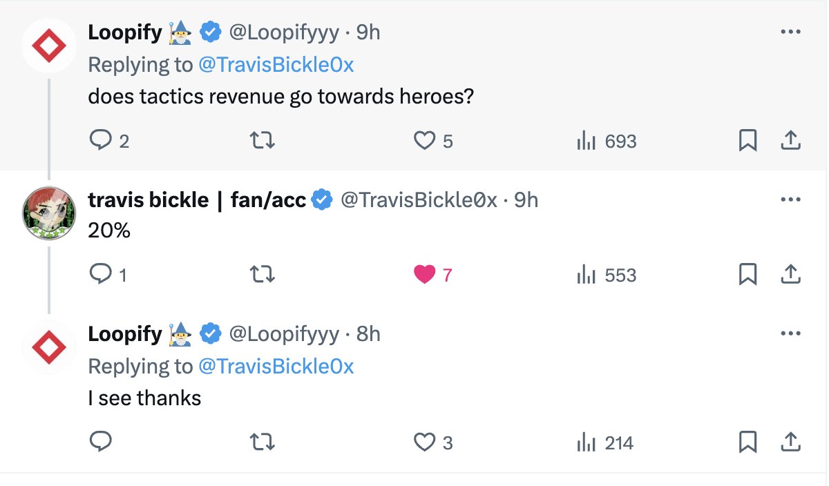 Hadn't realized this - but see below from <a href="/TravisBickle0x/">travis bickle</a> - 20% of Tactic revenue goes to heroes.