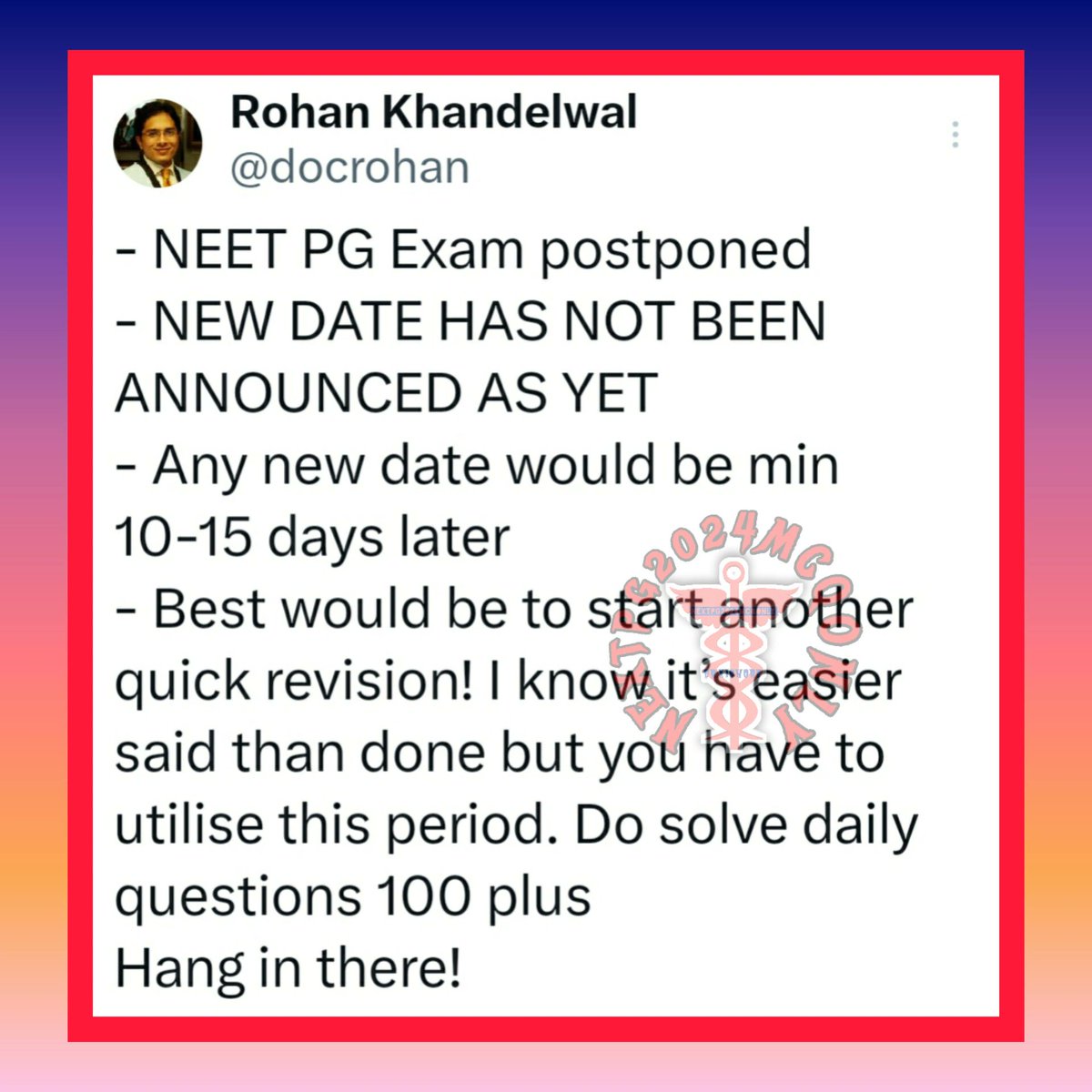 medcrux's tweet image. ‼️NEET PG 2024 EXAM POSTPONED‼️
What to do NEXT❓
IMPORTANT POINTS FROM DR.ROHAN SIR 👇
#NEETPG2024 #fmge2024 
#nextpg #inicet2024 
#medico #neetpg
#medicine #MedTwitter #MedTwitter #medicine #Clinical #MedEd #Medical #Health