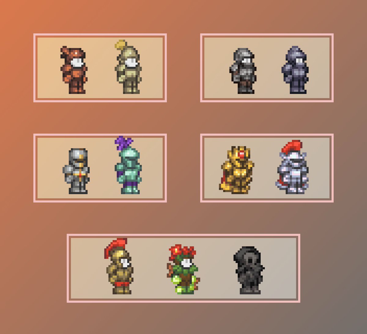 gssoos's tweet image. pre-hardmode armor sets from terraria 😁😁thank you so much for all of the recent support, it means the world to me
#pixelart #ドット絵 #terraria