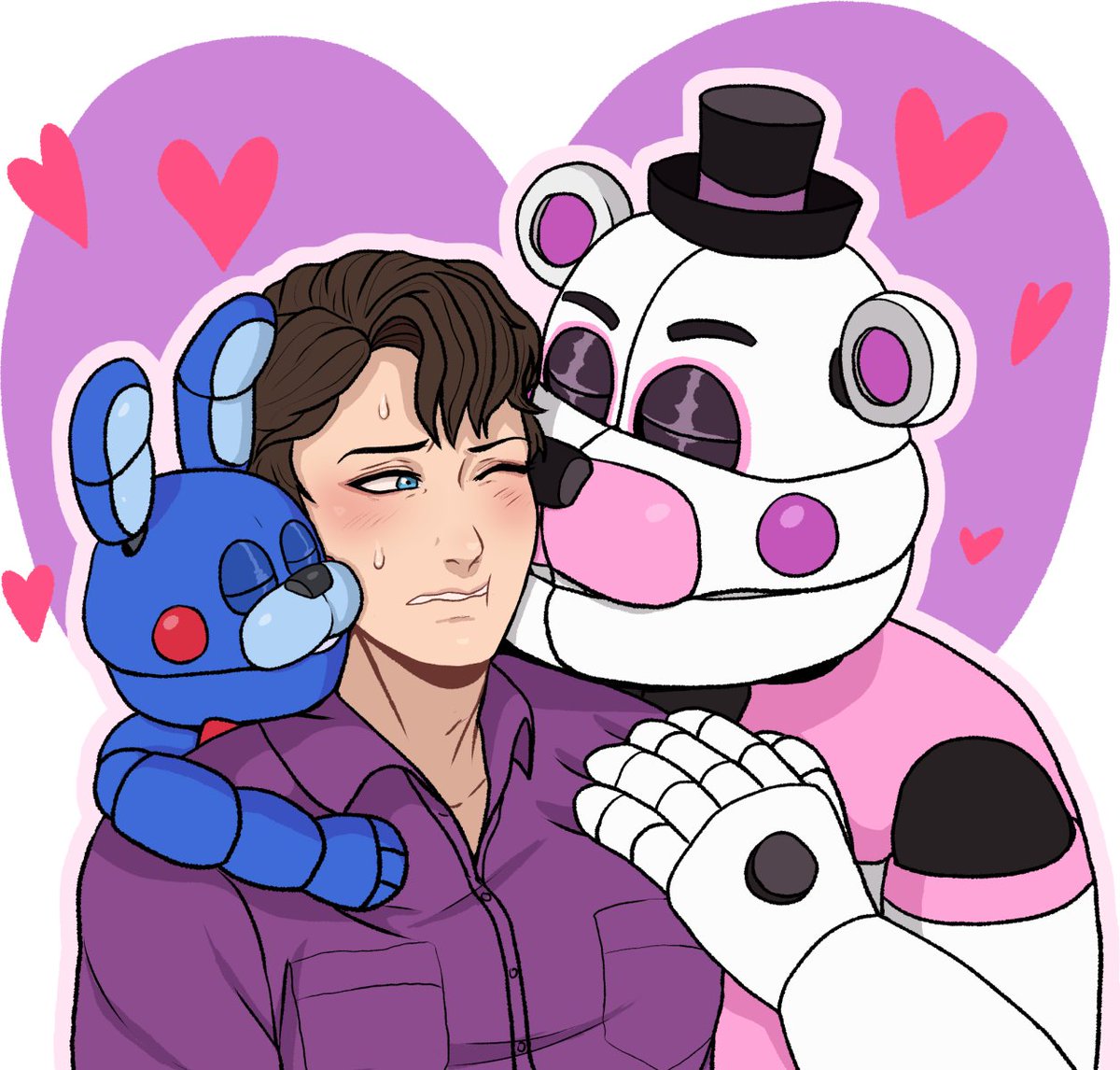 FuntimeOzzy's tweet image. Some kisses for my lovely friend @Bexion69 , Funtime Freddy and Bonbon smooching their sona and Michael~ 💖✨🩷💙💜