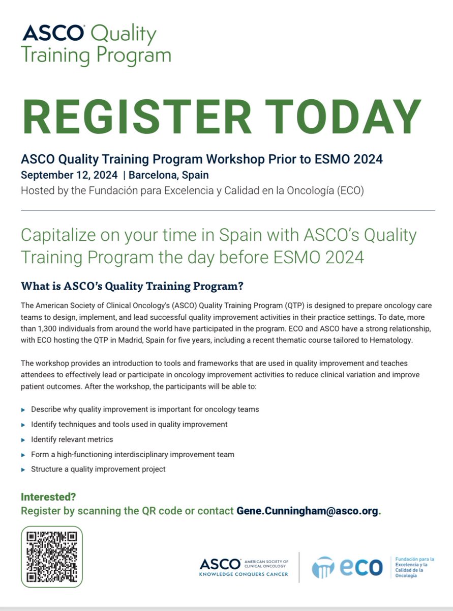 Abdul-Rahman Jazieh, MD, MPH (@arjazieh) on Twitter photo Highly recommended!
Pre-ESMO Quality Training Program done by <a href="/ASCO/">ASCO</a> and ECO <a href="/FundacionECO/">Fundación ECO</a>
<a href="/OncologyNetwork/">Innovative Oncology Network</a>
<a href="/OncoAlert/">OncoAlert</a>
<a href="/myESMO/">ESMO - Eur. Oncology</a>
#oncology
#quality
fundacioneco.es/event/asco-qua… Highly recommended!
Pre-ESMO Quality Training Program done by <a href="/ASCO/">ASCO</a> and ECO <a href="/FundacionECO/">Fundación ECO</a>
<a href="/OncologyNetwork/">Innovative Oncology Network</a>
<a href="/OncoAlert/">OncoAlert</a>
<a href="/myESMO/">ESMO - Eur. Oncology</a>
#oncology
#quality
fundacioneco.es/event/asco-qua…