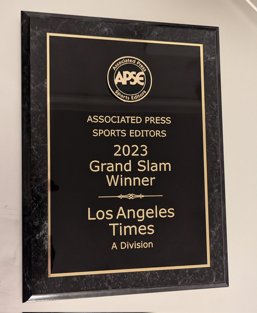 Immensely proud of the <a href="/latimes/">Los Angeles Times</a> sports staff for winning the <a href="/APSE_sportmedia/">APSE</a> grand slam (best in show award) for the third consecutive year. We were the sole winner in the largest division and got our hardware tonight. Congrats on the three-peat, team. 👏🏽👏🏽👏🏽