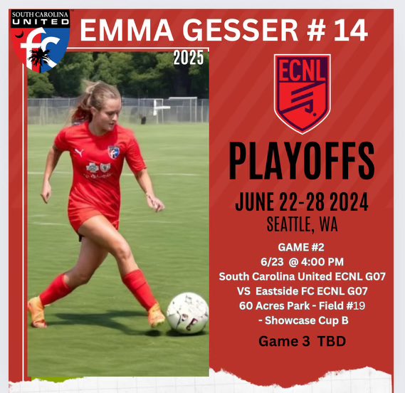 Emma Gesser (@egessersoccer) on Twitter photo ECNL PLAYOFFS DAY TWO TOMORROW‼️ Below is my schedule for our second game in playoffs! I hope to see you there. ⚽️🔴🔵
<a href="/BlueHoseWSOC/">PC Women's Soccer</a> <a href="/LipscombWSOC/">LipscombWSOC</a> <a href="/UNCAvlWSoccer/">Asheville Women’s Soccer</a> <a href="/UNCGWSoccer/">UNCG Women's Soccer</a> <a href="/MercerWSoccer/">Mercer Women's Soccer</a> <a href="/WoffordWSoc/">Wofford Women’s Soccer</a> <a href="/WLUWSoccer/">W&L W Soccer</a> <a href="/CofCWSOC/">Charleston Women's Soccer</a> <a href="/tikitakaklu/">Tomasz Kluszczynski 🇵🇱/🇺🇸</a> <a href="/ECNLgirls/">ECNL Girls</a> <a href="/ECNLSoutheast/">ECNL Southeast Girls</a> <a href="/Coach_Plex/">Will Plexico</a> ECNL PLAYOFFS DAY TWO TOMORROW‼️ Below is my schedule for our second game in playoffs! I hope to see you there. ⚽️🔴🔵
<a href="/BlueHoseWSOC/">PC Women's Soccer</a> <a href="/LipscombWSOC/">LipscombWSOC</a> <a href="/UNCAvlWSoccer/">Asheville Women’s Soccer</a> <a href="/UNCGWSoccer/">UNCG Women's Soccer</a> <a href="/MercerWSoccer/">Mercer Women's Soccer</a> <a href="/WoffordWSoc/">Wofford Women’s Soccer</a> <a href="/WLUWSoccer/">W&L W Soccer</a> <a href="/CofCWSOC/">Charleston Women's Soccer</a> <a href="/tikitakaklu/">Tomasz Kluszczynski 🇵🇱/🇺🇸</a> <a href="/ECNLgirls/">ECNL Girls</a> <a href="/ECNLSoutheast/">ECNL Southeast Girls</a> <a href="/Coach_Plex/">Will Plexico</a>