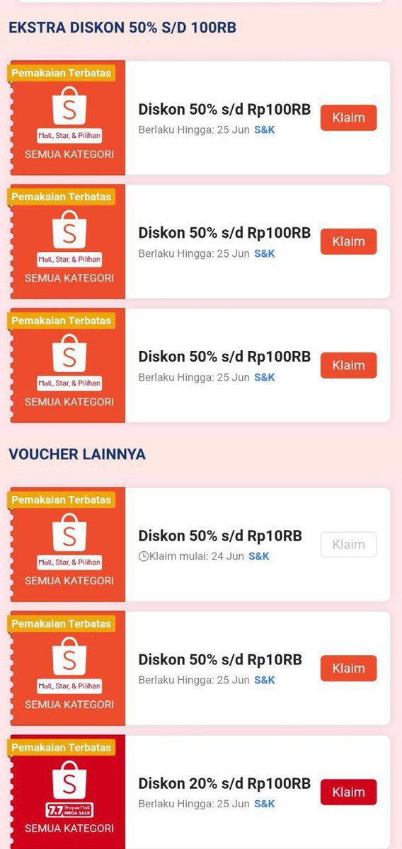 pinkstuff00's tweet photo. Shopee Gajian Sale⚡️
🗓️ 25 Juni 2024
⏰ 00:00 WIB 

📍Diskon 50% Maks 100RB (Kuota 1.000)
📍Diskon 50% Maks 10RB (Kuota 2.000)
📍Diskon 20% Maks 100RB (Kuota 10.000) 

Klaim dulu disini :
https://t.co/J9FaLIR3Fv

#promodiskon https://t.co/jEPQZSJDRs