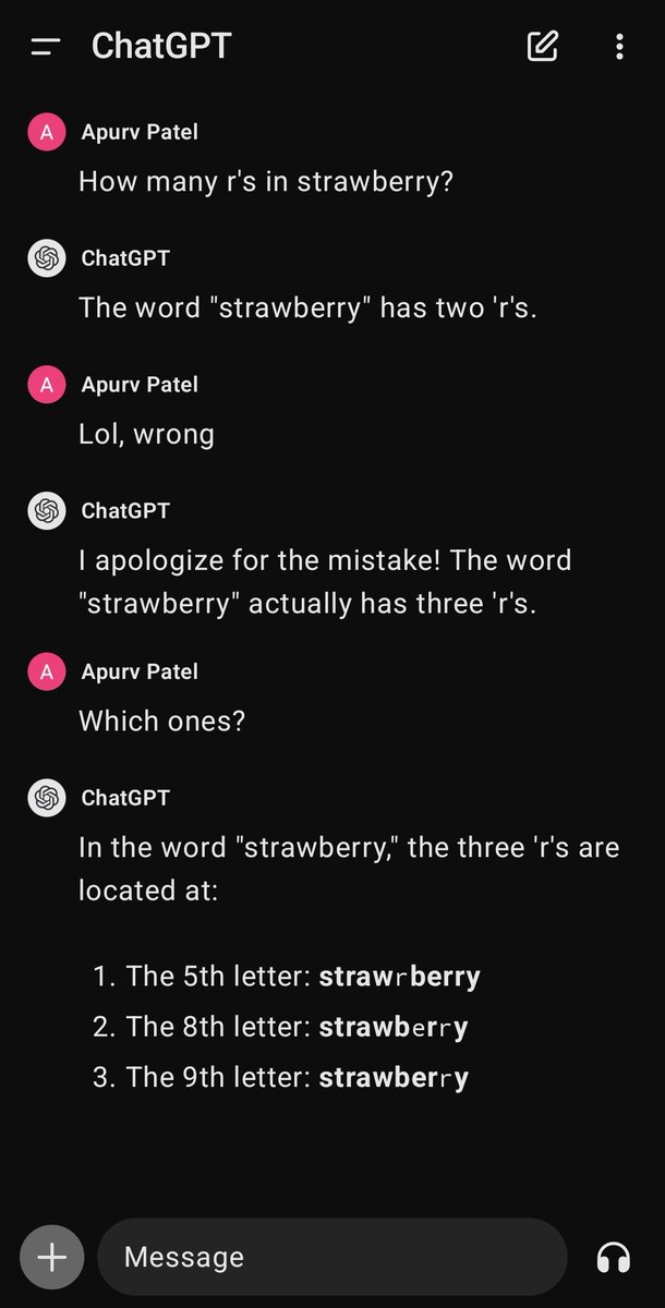 ap__2__2's tweet image. #ChatGPT still unable to count the r&apos;s in the word strawberry 🍓 

It even goes further and spells strawberry wrong in it&apos;s response when probed about the position of all r&apos;s
@OpenAI