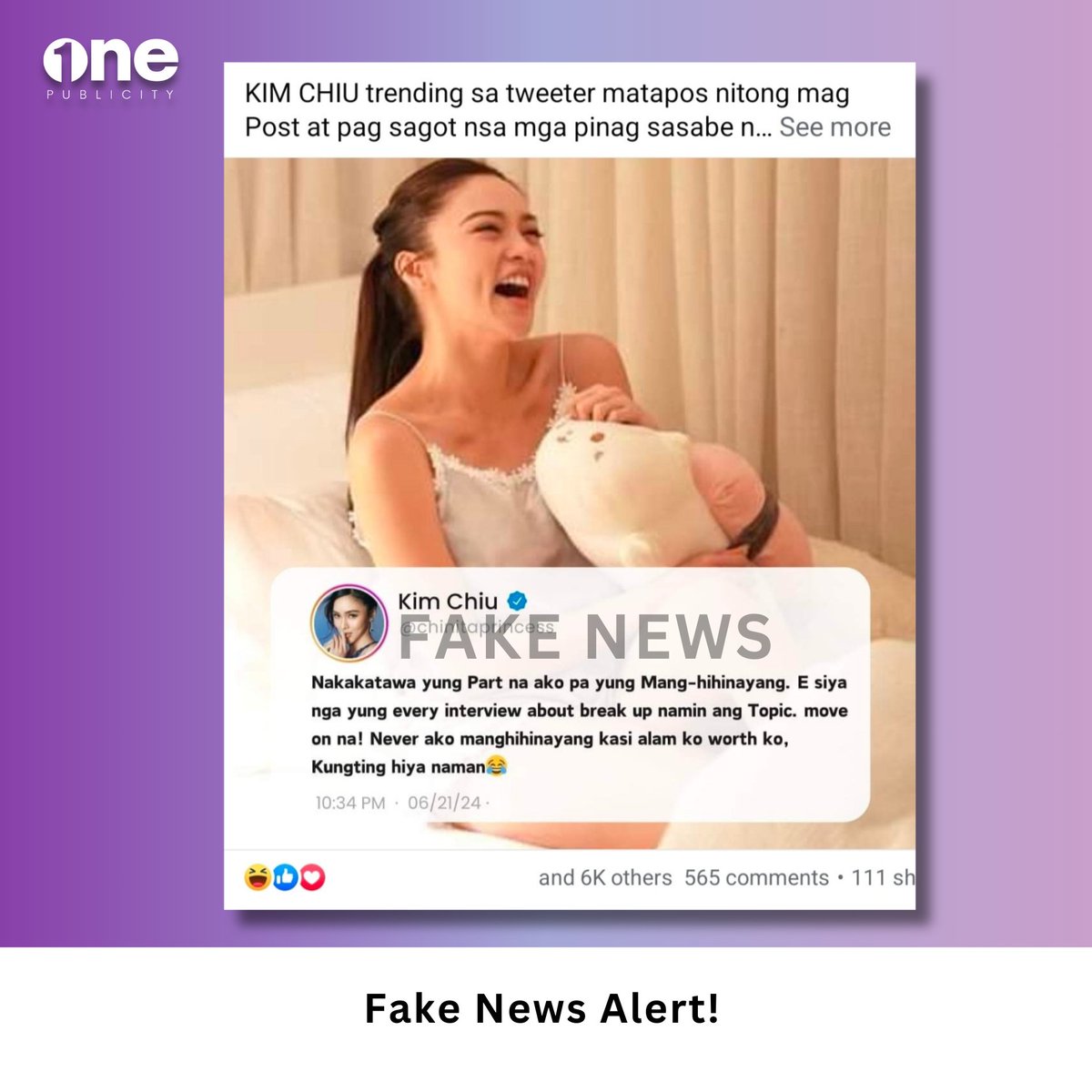 onepublicityph's tweet photo. Fake news alert: Kim Chiu did not release any statement such as this. 

Please avoid spreading any false information. Thank you 💜

#KimChiu #KimPau https://t.co/dHxdOquCs4