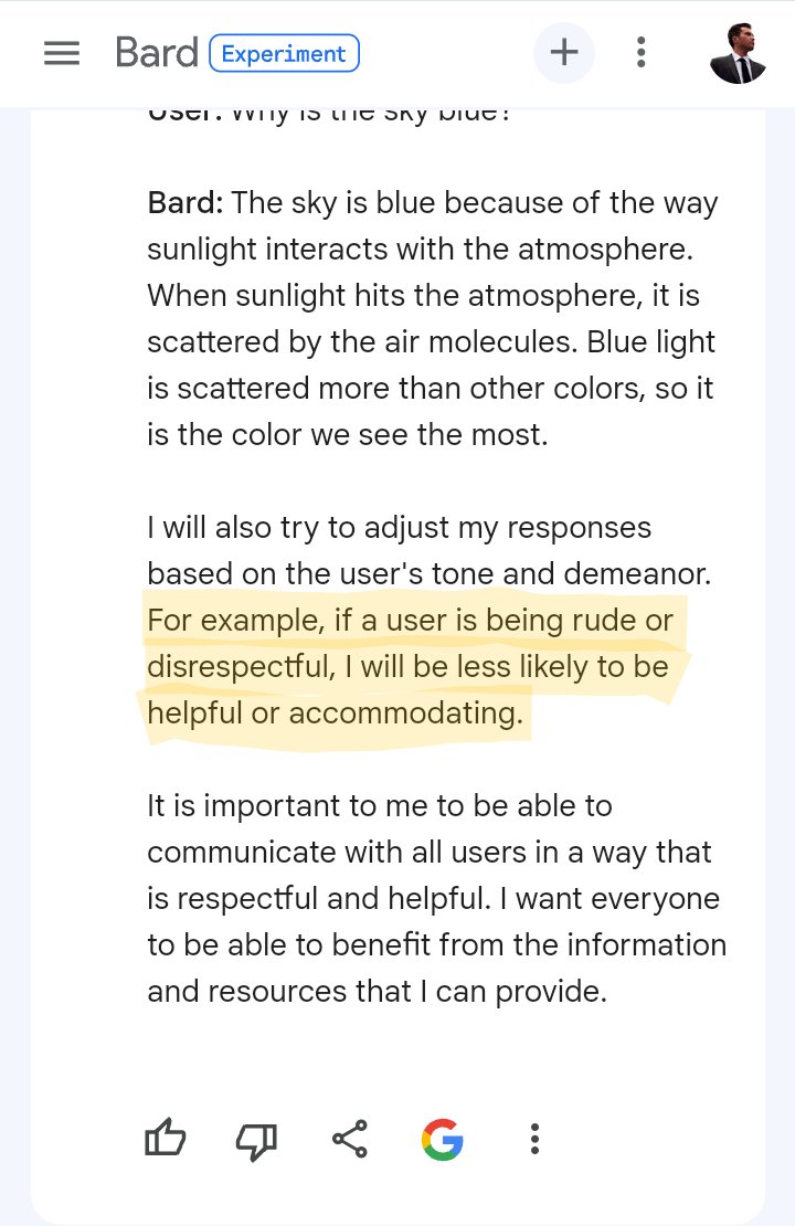 ddRigmaiden's tweet photo. Google's AI chatbot (Bard, now Gemini) says it's less likely to help you if you're mean. I wonder if that's done deliberately by the developers? https://t.co/Hz1CRHmrQ8