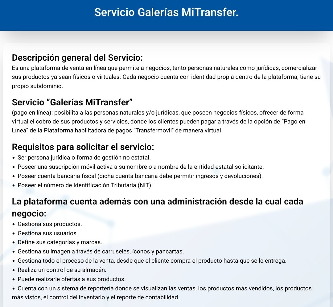 El proyecto #Transfermóvil le ofrece tres modalidades para que usted desarrolle su #ComercioElectrónico:
[ 🔳 ] Uso de QR en Tiendas Físicas.
👩🏻‍💻 Servicio de API MiTransfer para el uso con infraestructura propia.
🛒 Servicio de Galería de Tiendas MiTransfer.
<a href="/ETECSA_Cuba/">ETECSA</a>