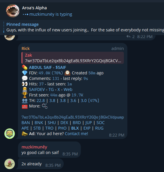 AroaOnSol's tweet photo. Absolutely AMAZING call by Zak in 'Aroa's Alpha'

This member called $SAIF

50k -> 2.5M (50x)

Just goes to show how many gems are in this tg 🤩

Retweet + Reply if you want to join (picking 3)