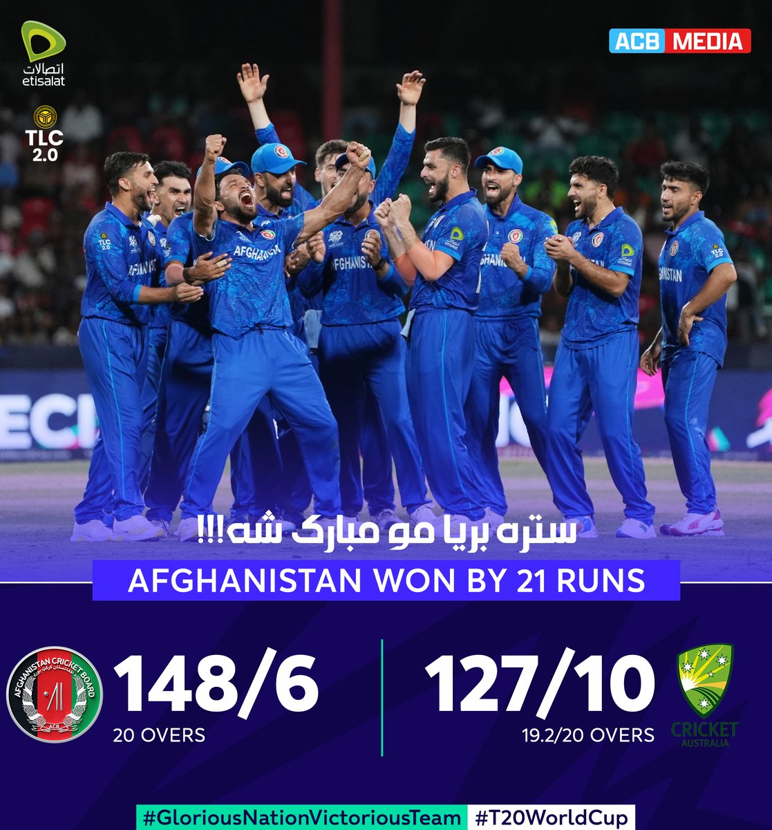 𝐀𝐟𝐠𝐡𝐚𝐧𝐀𝐭𝐚𝐥𝐚𝐧 𝐖𝐢𝐧! 🙌

#AfghanAtalan creates history with their first-ever win against Australia in international cricket! What a terrific achievement this is from #AfghanAtalan. 🤩👏

#T20WorldCup | #AFGvAUS | #GloriousNationVictoriousTeam