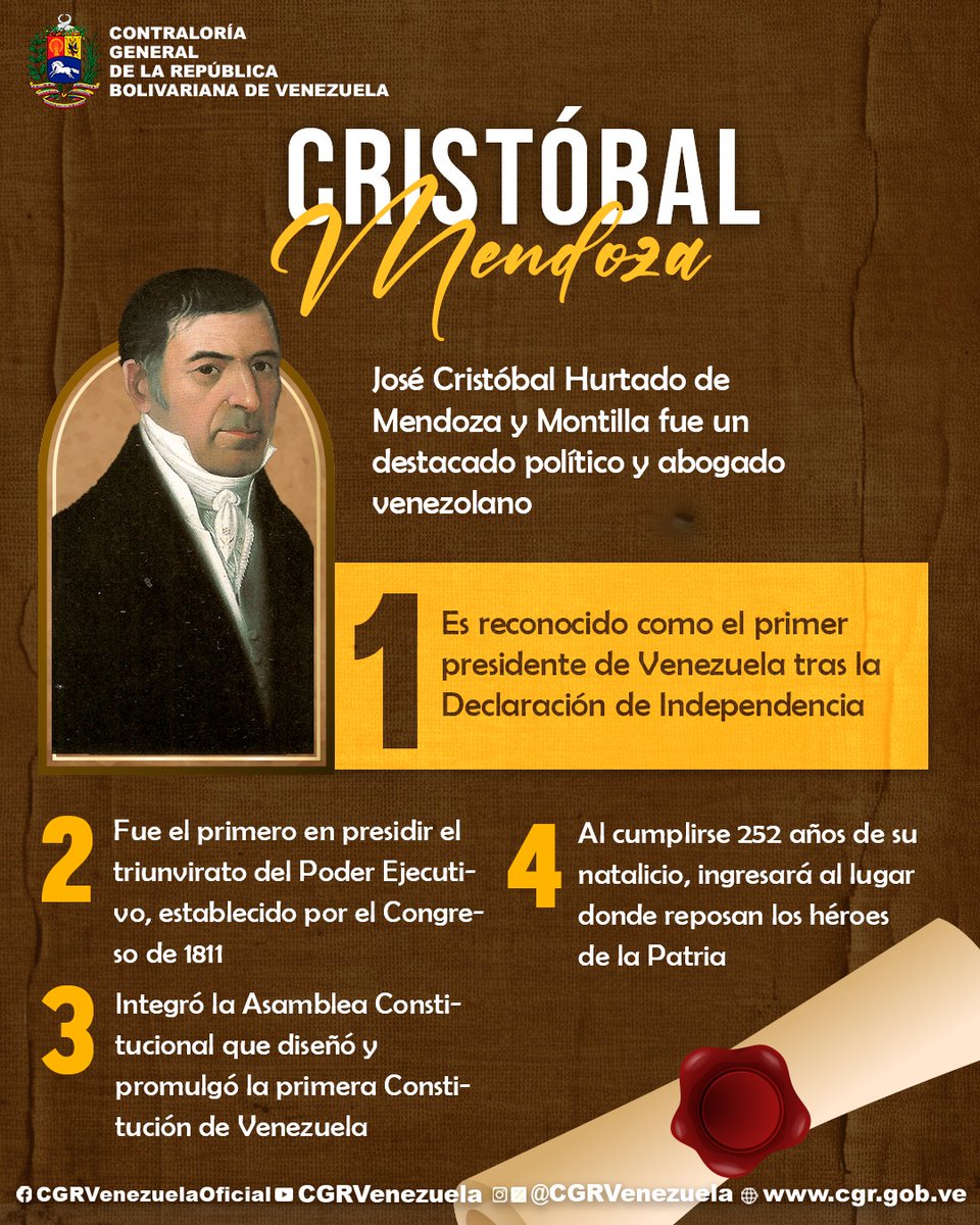 CGRVenezuela's tweet photo. #TalDíaComoHoy #23Jun | Nació en Trujillo, José Cristóbal Hurtado de Mendoza y Montilla, fue consejero de Bolívar, es conocido por haber promovido la recopilación de documentos sobre El Libertador y por ser uno de los primeros en secundar el pronunciamiento independentista. https://t.co/HzK776IEkx