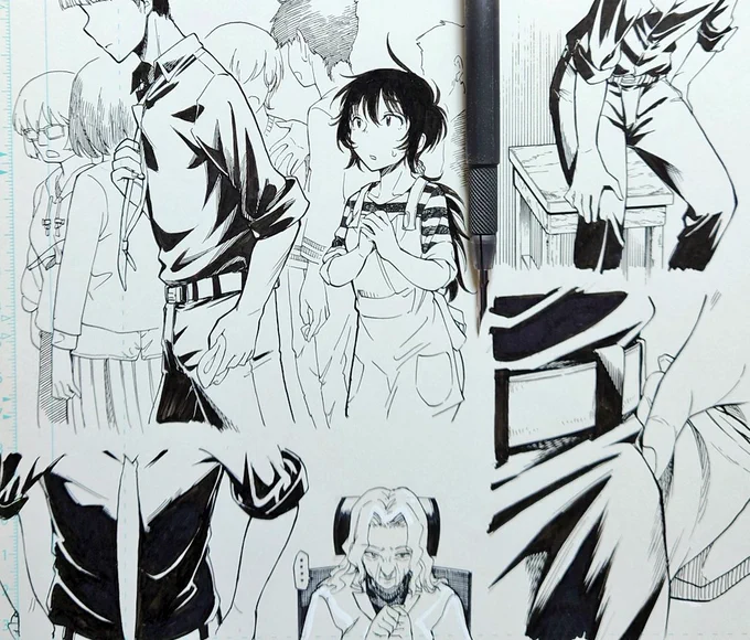 自分がモブを描く際はそのコマのメインに目が行くように演出する。1つ目は右キャラの視線を邪魔しないようモブにベタを使わなかったり2つ目は偉い人達の中でも発言してる人に視線を誘導するよう吹き出しの位置や口を閉じさせるなどしている。大勢の場合は手前だけ描けば奥はシルエットでもモブになる。 