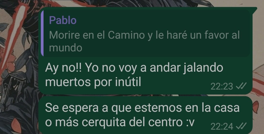 ** le digo a Pablo que la caminata que tenemos planeada es un poco difícil, que tiene que prepararse **

Pablo: Moriré en el camino y le haré un favor al mundo! 
Yo, la más atenta: ...