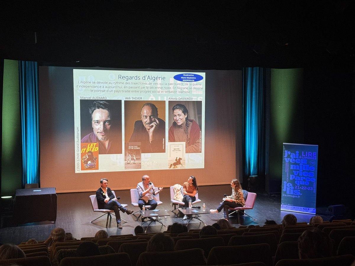« Regards d’Algérie » avec Marcel Audiard (<a href="/lecherchemidi/">Le cherche midi</a>), <a href="/amina_damerdji/">Amina Damerdji</a> (<a href="/Gallimard/">Gallimard</a>), et Akli Tadjer (<a href="/LesEscales/">Éditions Les Escales</a>), en ce moment au centre culturel Jean Gagnant. Rencontre animée par Marie-Madeleine Rigopoulos #LireALimoges