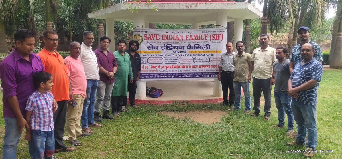 SIF Jharkhand Sunday Weekly support meeting at Oxygen Park Morabadi Ranchi on 23.06.24 for men &amp; their families facing misuse of #GenderBiasedLaws like Section 498A, Dowry act, DV Act, etc. 
Need for  #NationalCommissionForMen.
Men are human too. <a href="/ChampaiSoren/">Champai Soren</a> <a href="/JharkhandPolice/">Jharkhand Police</a>