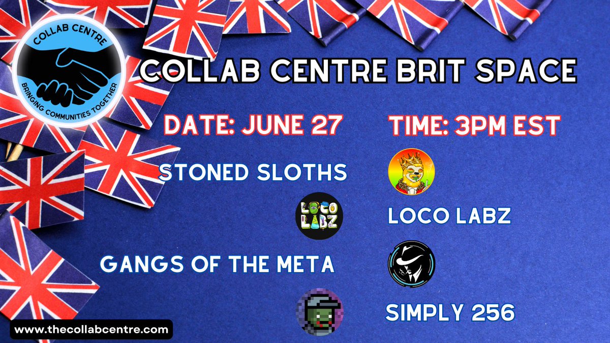 🐺Collab Centre (@centre_collab) on Twitter photo 🇬🇧COLLAB CENTRE BRIT SPACE🎙️
🗓️ June 27
⏰ 3PM EST
Featured Projects:
<a href="/GangsOfTheMeta/">Gangs of the Meta</a>
<a href="/StonedSloths3/">The Sloths</a>
<a href="/Simply256/">Simply 256</a>
<a href="/LocoLabz/">LocoLabz</a>
#british #web3 #spaces #NFT #Solana #poly #XRP #Blockchain #CollabCentre
Set a reminder for my upcoming Space! x.com/i/spaces/1zqKV… 🇬🇧COLLAB CENTRE BRIT SPACE🎙️
🗓️ June 27
⏰ 3PM EST
Featured Projects:
<a href="/GangsOfTheMeta/">Gangs of the Meta</a>
<a href="/StonedSloths3/">The Sloths</a>
<a href="/Simply256/">Simply 256</a>
<a href="/LocoLabz/">LocoLabz</a>
#british #web3 #spaces #NFT #Solana #poly #XRP #Blockchain #CollabCentre
Set a reminder for my upcoming Space! x.com/i/spaces/1zqKV…