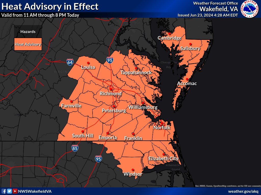 Today will feel like the hottest day so far this year/summer. Widespread heat indices around 105 are forecast and a heat advisory is in effect for most of the area. Take precautions against the heat if outdoors and keep an eye on those vulnerable to hot temperatures!
