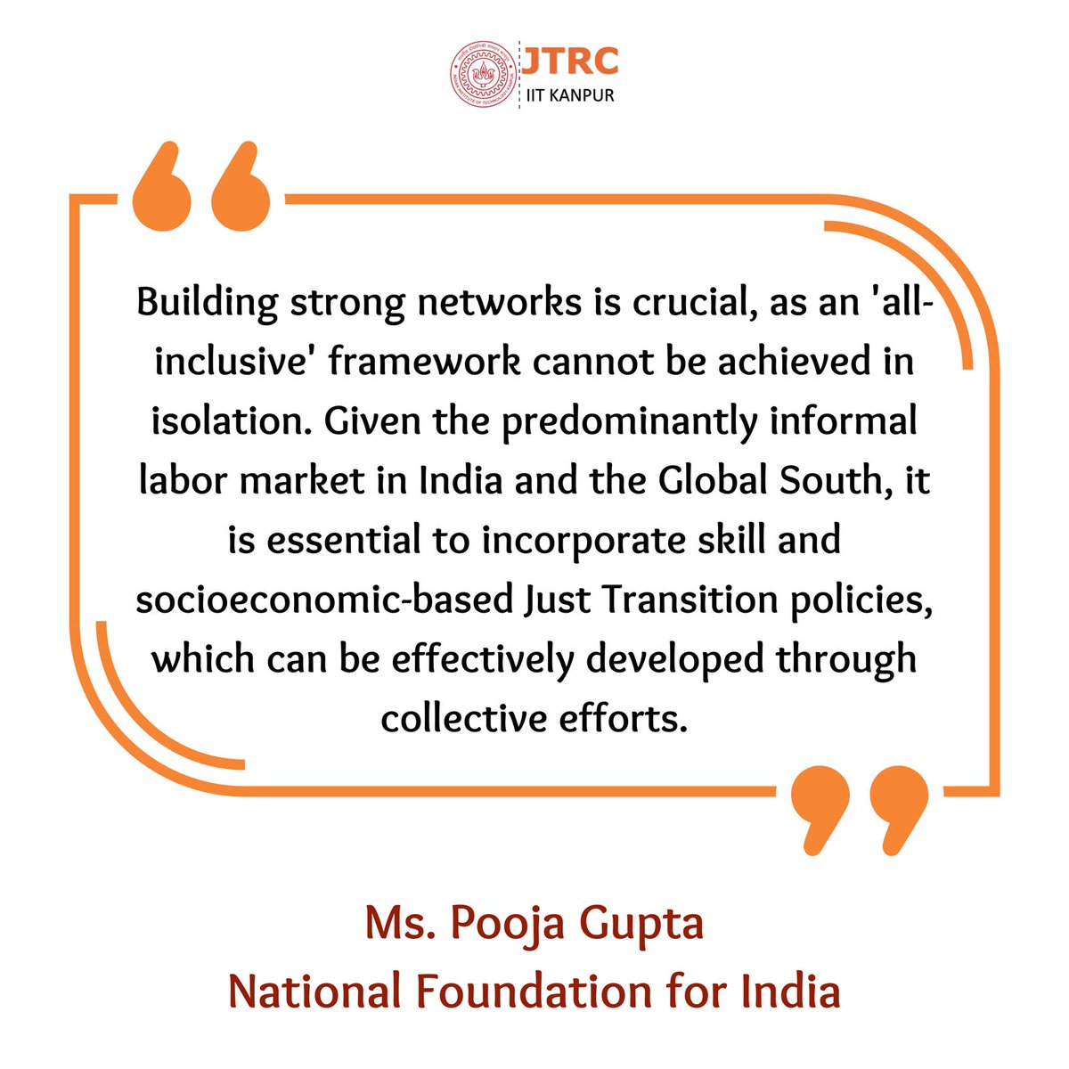 🌍 Just Transition Dialogues: Empowering Youth for Economic Diversification in Indian Coal Regions 🌱  

💡Insights from Ms. Pooja Gupta, National Foundation of India

#JustTransition #YouthEmpowerment #GreenJobs #EconomicDiversification #JTRC