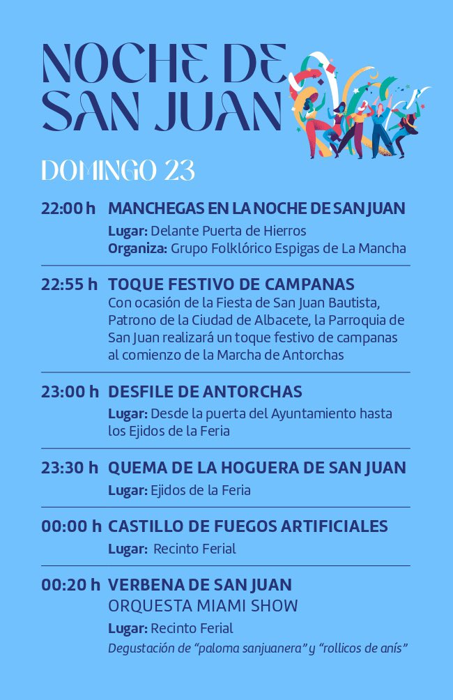 Llega la noche más corta del año en la que os animo a disfrutar de las actividades organizadas con motivo de San Juan, nuestro patrón. A partir de las 22 horas se iniciará el reparto de antorchas, a las puertas del Ayuntamiento, mientras que el desfile arrancará a las 23 horas.