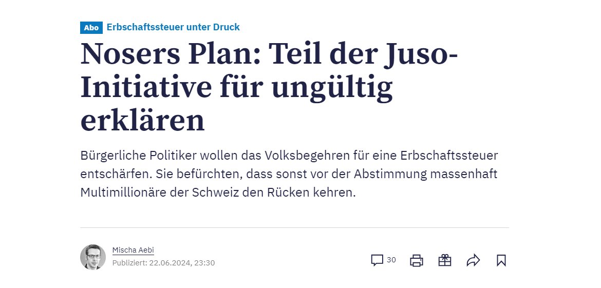 Die Superreichen haben scheinbar Schiss vor unserer lange überfälligen #Erbschaftssteuer. Sie werfen die Angstkampagne an. Multimillionär und FDPler Noser will die Initiative nun sogar für teilungültig erklären.

Wer Angst hat vor dem Volk, beschneidet die Demokratie. Schwach.