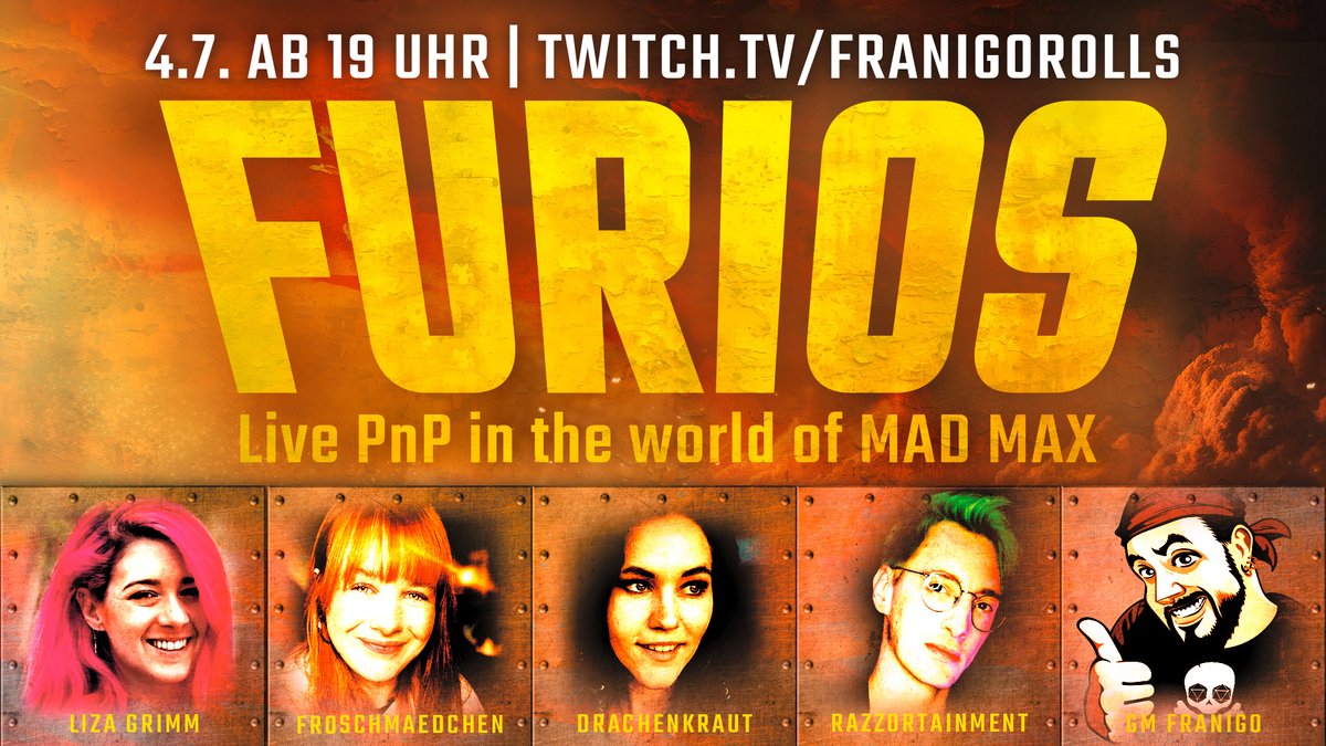 FranigoRolls's tweet image. Furios! Wir haben einen Nachholtermin für das leider ausgefallene Mad Max-Pen &amp;amp; Paper-Event! Am 4.7. ab 19 Uhr geben @TheLizaGrimm @froschmaedchen_ @xDrachenkraut &amp;amp; @Razzortainment Gas!

Es wird garantiert wild und brutal und chaotisch mit allem und scharf!
#pnpde