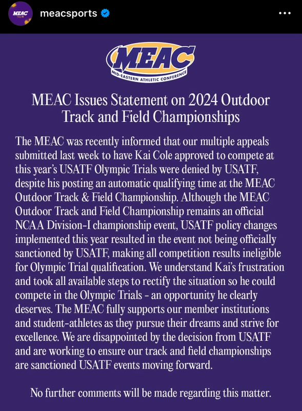 Mom2SportsGirls's tweet photo. This is disappointing on many levels. Mostly because it seems the MEAC is blaming USATF for denial of student/athlete. Isn’t it someone’s JOB in the MEAC Office to know rule changes! Just accept responsibility &amp; learn from those mistakes so more athletes are not in this position. https://t.co/hW1hLjRfic