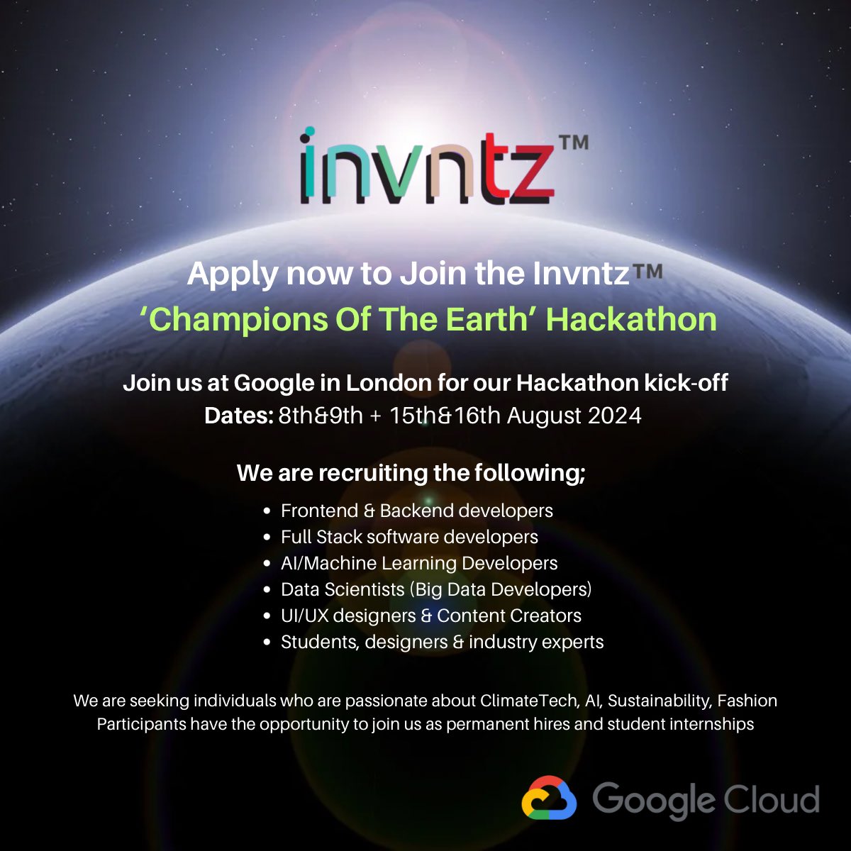 invntz's tweet photo. 🚀 It’s Official Big Announcement -  Invntz™ is running a hackathon with our kick-off hosted by Google in London this August. 🚀 Apply via our LinkedIn page or type form > https://t.co/N6SD5J5SOw

#invntz #invntzchampionsoftheearth #hackathon https://t.co/YApKRCDDle