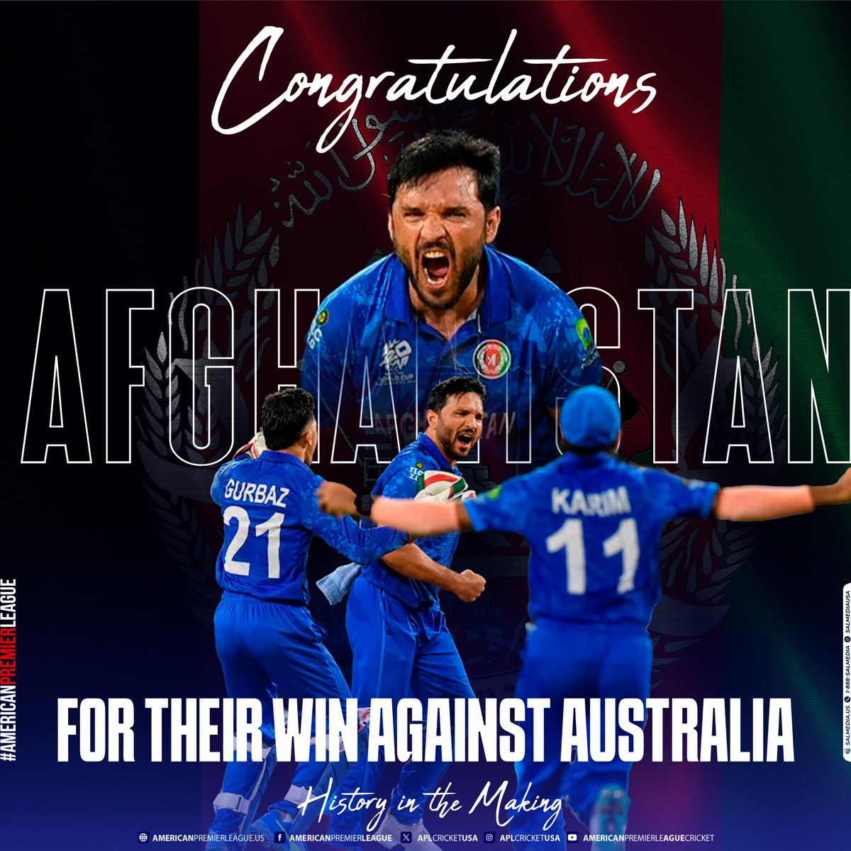 Congratulations, Afghanistan!!! 🇦🇫🏏

A historic victory over Australia in the T20 World Cup! Stellar performance with powerful hits and strategic wickets. A monumental achievement! 👏

#APL #AfghanistanCricket #T20WorldCup #HistoricWin #CricketChampions #ICC