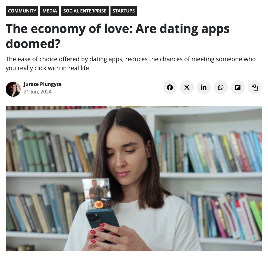 The economy of love: Are dating apps doomed?
"The ease of choice offered by dating apps, reduces the chances of meeting someone who you really click with in real life", - says Jūratė Plungytė, "Joiner App" co-founder 
Read her article on <a href="/e27co/">e27: Asia Tech News</a> : e27.co/the-economy-of…