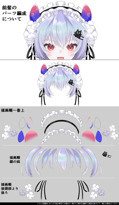 前髪とヘッドドレスのパーツ編成について。 #Live2D依頼 #イラスト依頼 ヘッドドレス自体はぺらぺらな素材なんですけど、 前髪から後頭部にまたがる位置に装着されるものなので、かなり後ろの描画順(後頭部の後ろ)に配置するパーツもある。  月海ふわ(#Tsukiumifuwa)