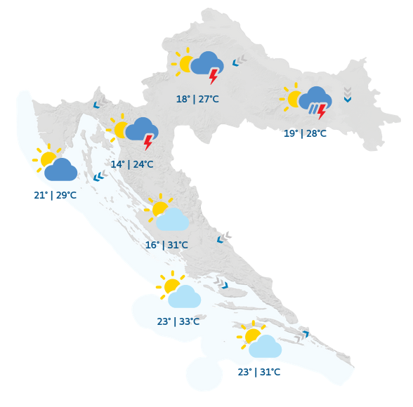 DHMZ_HR's tweet image. Za kraj vikenda mirnije i svježije vremenske prilike. No neće biti sasvim stabilno pa navečer na sjeveru lokalno može biti izraženijih pljuskova ⛈️. Ako pak krećete na put, podno Velebita bi vam probleme mogla stvarati bura 🌬️.

#prognoza #vikend