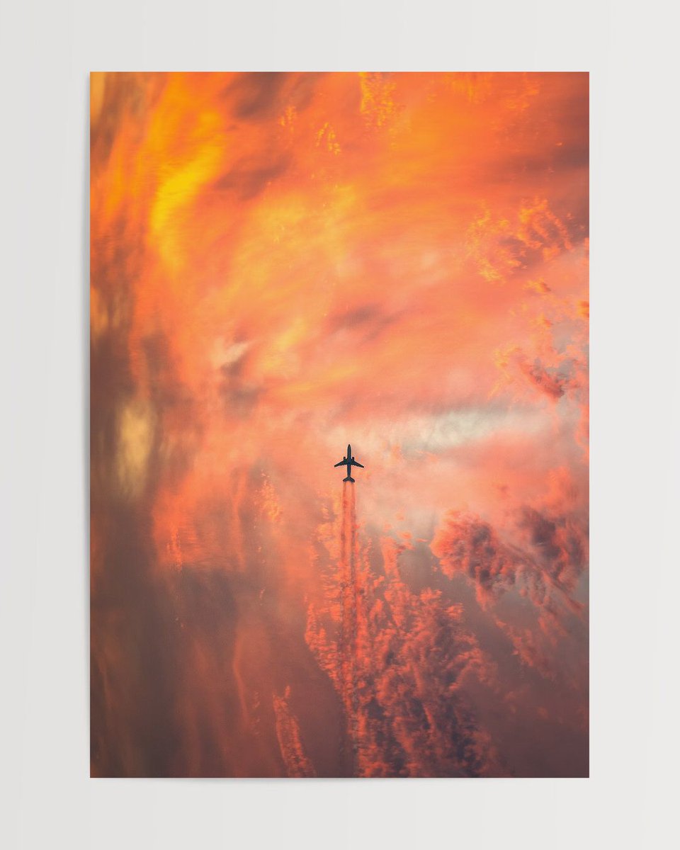 thepostersquare's tweet image. An airplane cutting through the fiery hues of the sky. This breathtaking image captures the essence of adventure and the beauty of nature’s palette, perfect for igniting wanderlust in any room. ✈️🔥 #SkyHighDreams #FierySunset #ThePosterSquare