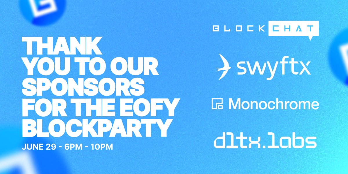 BlockchatDAO's tweet photo. GET YOUR TICKETS TODAY - 2 DAYS LEFT 💙 

$600 in giveaways + food, drinks and networking 🫂 

Very excited to be sponsoring alongside @SwyftxAU, @MonochromeAsset, @dltxio and @botadoor! https://t.co/aoWS6HctN7