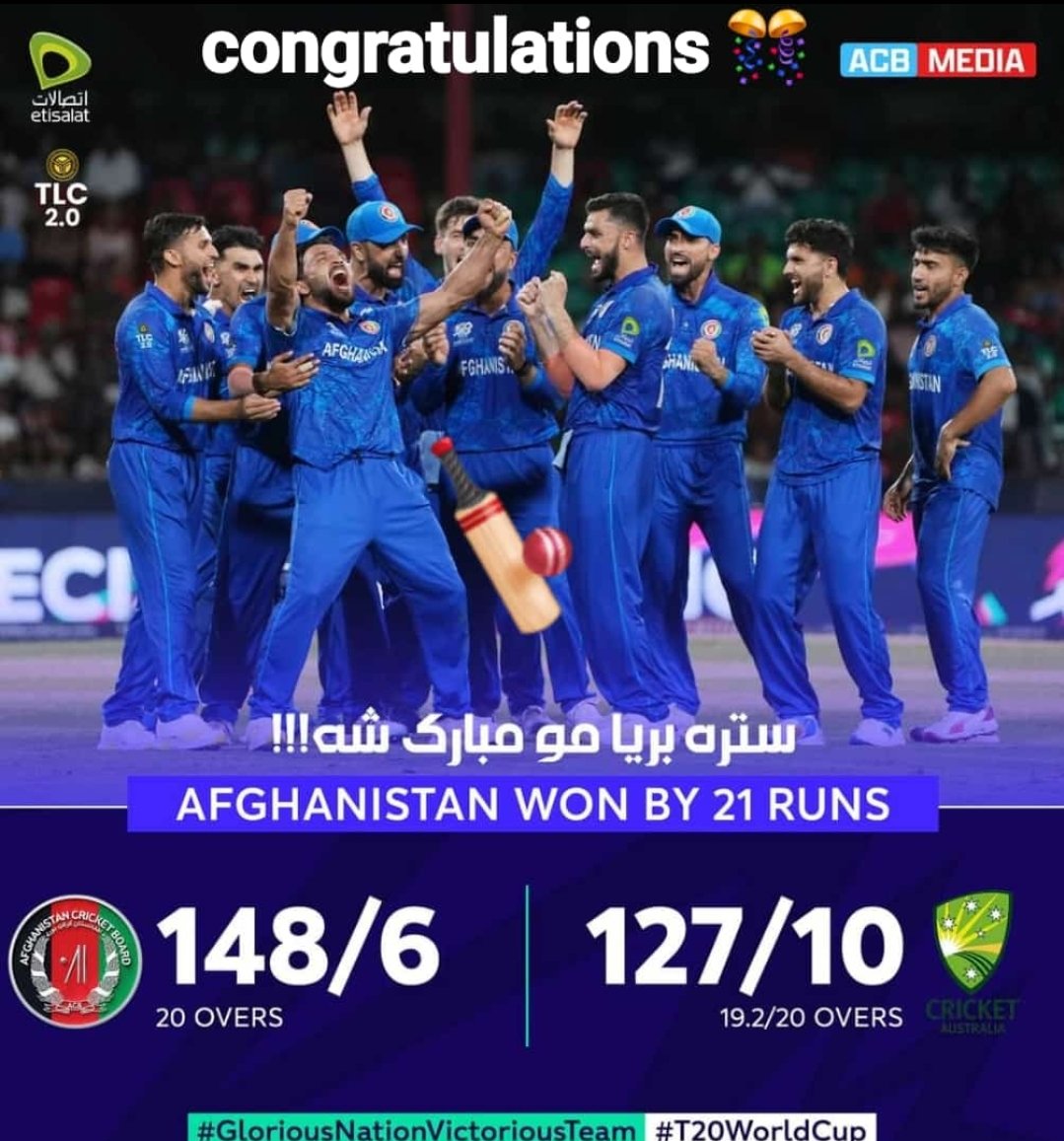 hamdard42's tweet photo. Congratulations 🎊 🏏
Today we have displayed tremendous grit and determination to beat world top 🏏 champion Australia 🦘.

Congratulations to🏏 team and all nation of Afghanistan. https://t.co/40xIy4CQ9H