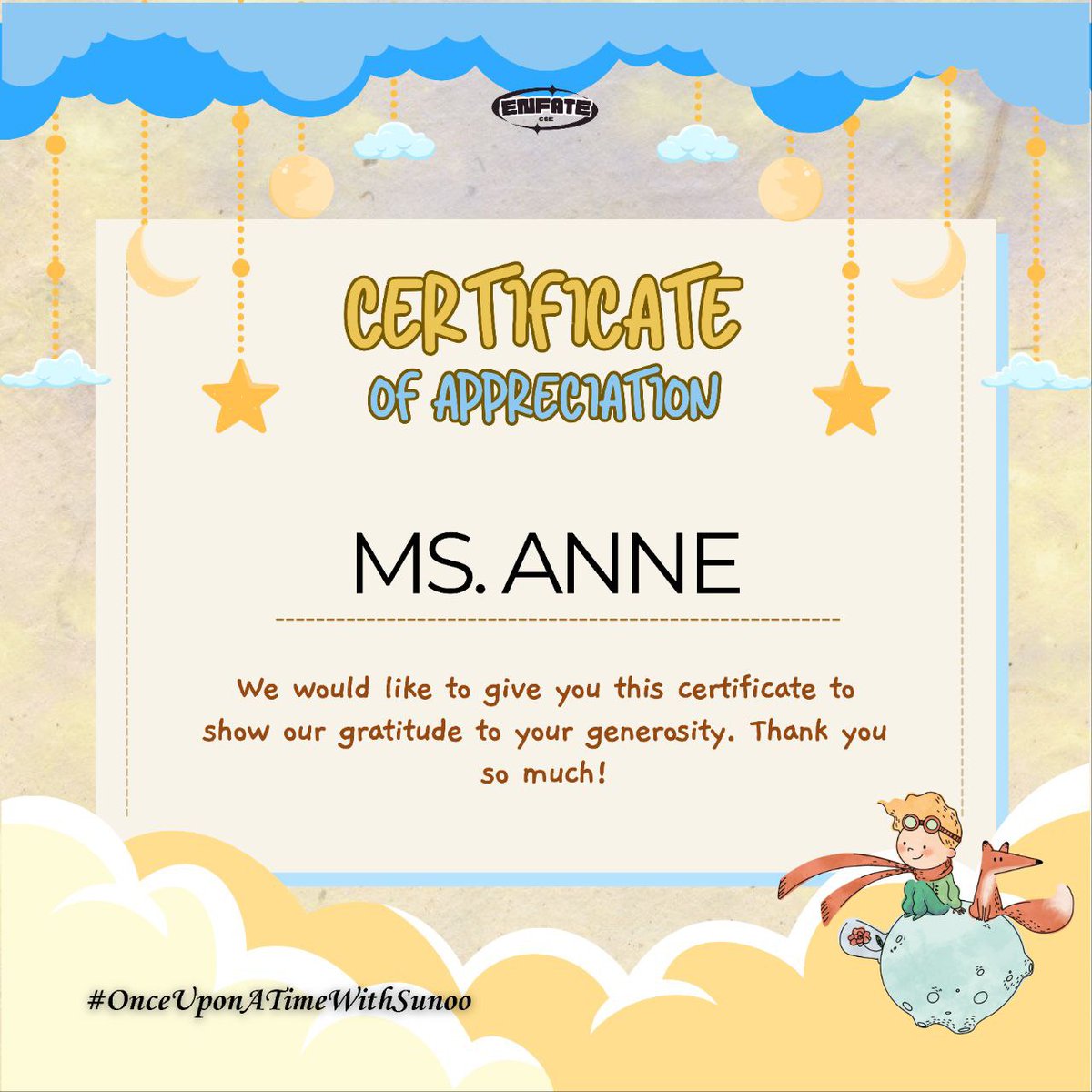 enfate_bulacan's tweet photo. To express our heartfelt gratitude, we are pleased to present these certificates to our sponsors for the #OnceUponATimeWithSunoo CSE event.

Thank you very much for your generosity and support! https://t.co/hB72PxVqMG