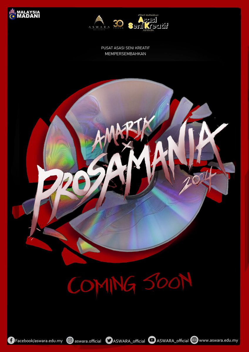 Di atas pentas berseri senyuman,
Prosamania X Amarta, memukau hati yang teruja.

"Satu Malam, Pesta Dunia Seni: Prosamania X Amarta! Bergabung untuk Malam Yang Tidak Dapat Dilupakan dengan persembahan yang Menarik Sanubari!"
