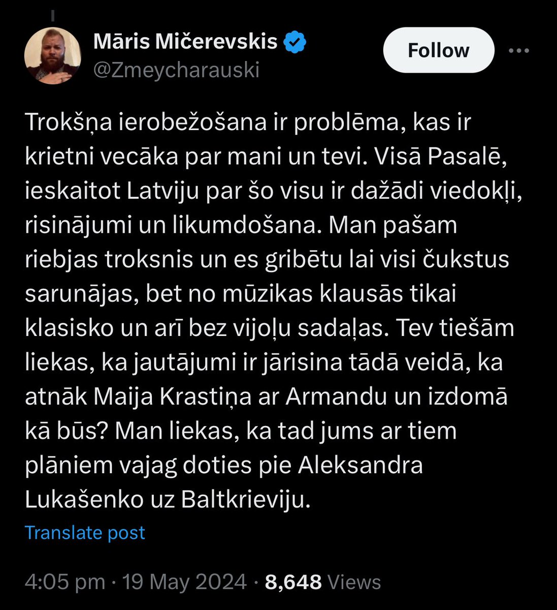 Reiz domubiedrs <a href="/Zmeycharauski/">Māris Mičerevskis</a> var ironizēt, bet realitāte ir tāda, ka R Domē nevienam nav motivācija, ne priekšlikumi, kā risināt dažādu trokšņotāji problēmu.

RPP vakar n-to reizi atkārtoja, ka nevar nodrošināt sabiedrisko kārtību un pārtraukt DJ priekšnesumu nakts vidū… 🤷‍♀️