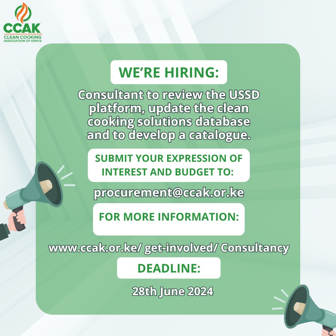 We're hiring a Consultant to review our USSD platform, update the clean cooking solutions database, and develop a catalogue
Apply by: June 28, 2024
Interested? View the Terms of Reference and apply here: 👇bit.ly/4cazIEg
Send your EOI &amp; budget to: procurement@ccak.or.ke