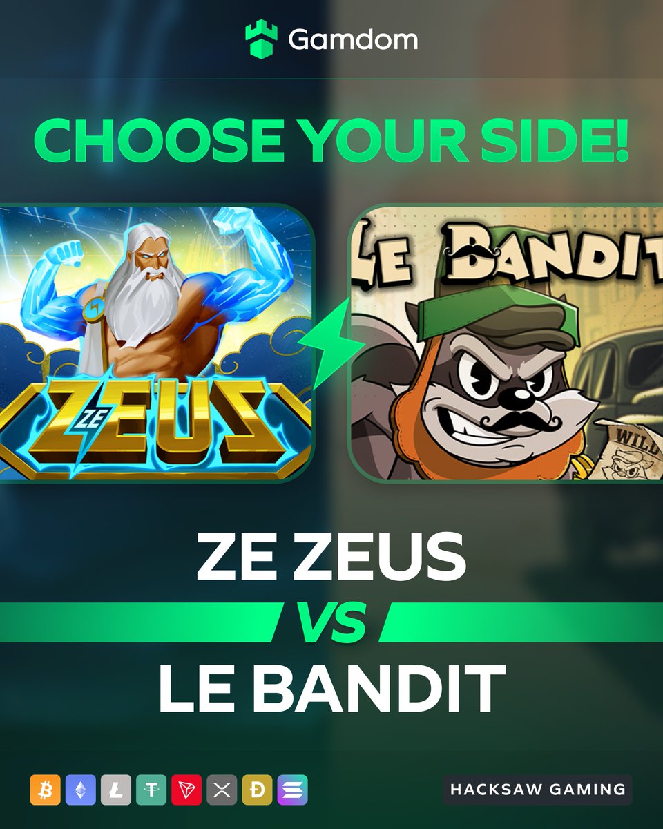 🎰 Battle of the Slots: Hacksaw Gaming! 🎰

Who you got? 🤔

#Team⚡ Ze Zeus 🆚 #Team🌈 Le Bandit

Drop your userID below with your reply &amp; RT for a shot at FREE spins!

Good luck! 🍀