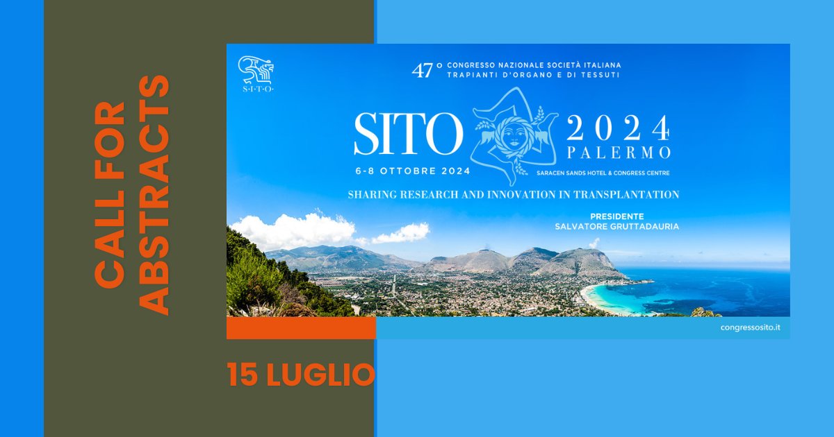 SocietàItalianaTrapiantiDiOrgano (@sito_trapianti) on Twitter photo MEMO👉 🗓️ 15/07/2024
Vi ricordiamo la scadenza per l'invio degli abstracts al 47° #congressoSITO
📍 Palermo
6 - 8 Ottobre
ℹ️ Call for Abstracts 📄 bit.ly/SITOcongress_2…
#SITOtransplant <a href="/Lucreziafurian/">Lucrezia furian</a> <a href="/HPDsurgery/">HPD (HPB and Liver Transplant Surgery Padova)</a> <a href="/ospniguarda/">Ospedale Niguarda</a>
<a href="/daniele_dondo/">daniele dondossola</a> <a href="/DavideGhinolfi/">Davide Ghinolfi</a> <a href="/CAmarelli74/">Cristiano Amarelli</a> MEMO👉 🗓️ 15/07/2024
Vi ricordiamo la scadenza per l'invio degli abstracts al 47° #congressoSITO
📍 Palermo
6 - 8 Ottobre
ℹ️ Call for Abstracts 📄 bit.ly/SITOcongress_2…
#SITOtransplant <a href="/Lucreziafurian/">Lucrezia furian</a> <a href="/HPDsurgery/">HPD (HPB and Liver Transplant Surgery Padova)</a> <a href="/ospniguarda/">Ospedale Niguarda</a>
<a href="/daniele_dondo/">daniele dondossola</a> <a href="/DavideGhinolfi/">Davide Ghinolfi</a> <a href="/CAmarelli74/">Cristiano Amarelli</a>