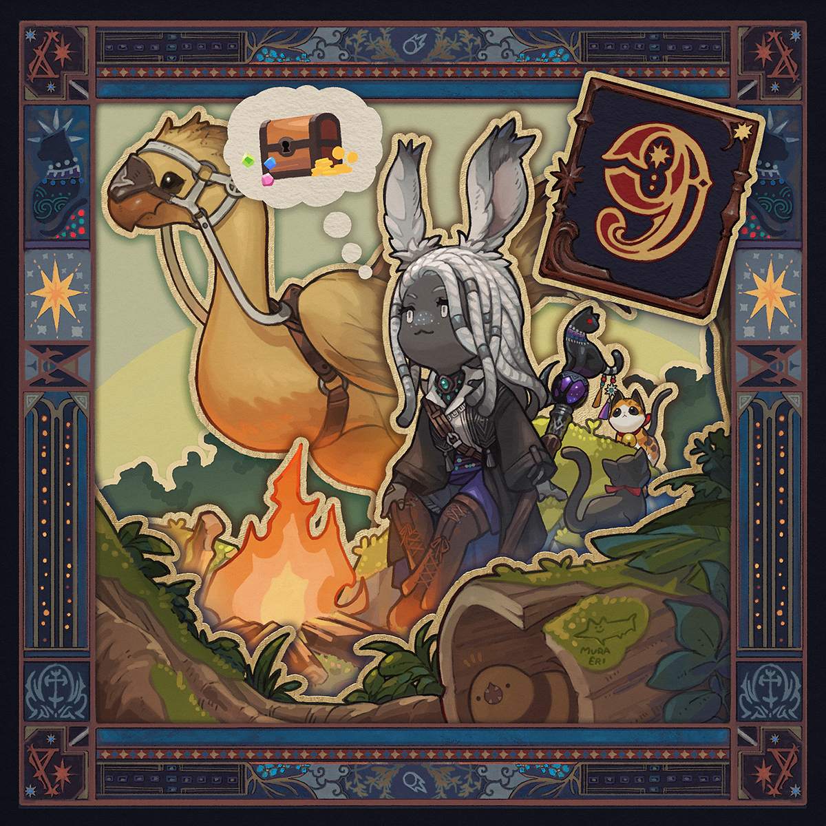 An illustration of a female Viera with light hair and dark skin dressed in black mage gear. She is sitting by a campfire with a chocobo at her side. Next to her haid is a thought bubble with a picture of a treasure chest with small piles of treasure around it. The illustration is decorated with a colorful border with starry motifs.