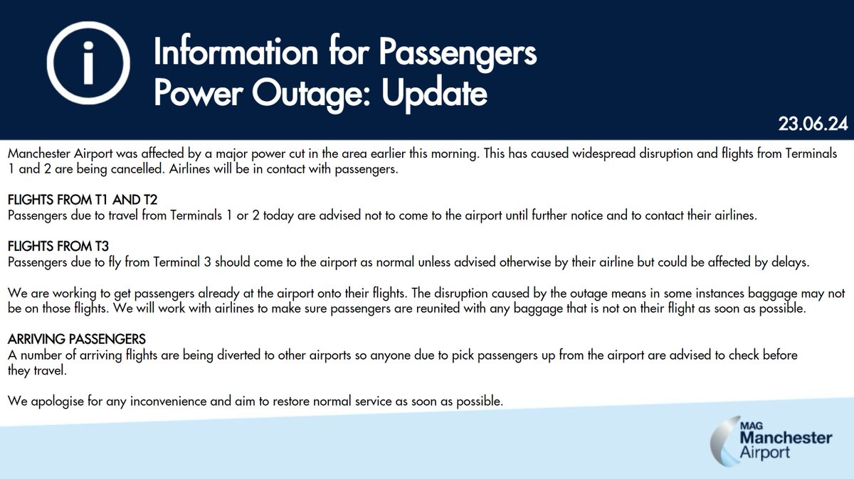 ℹ️ 23.06.24 - 8:45am

Information for passengers travelling from Manchester Airport this morning.