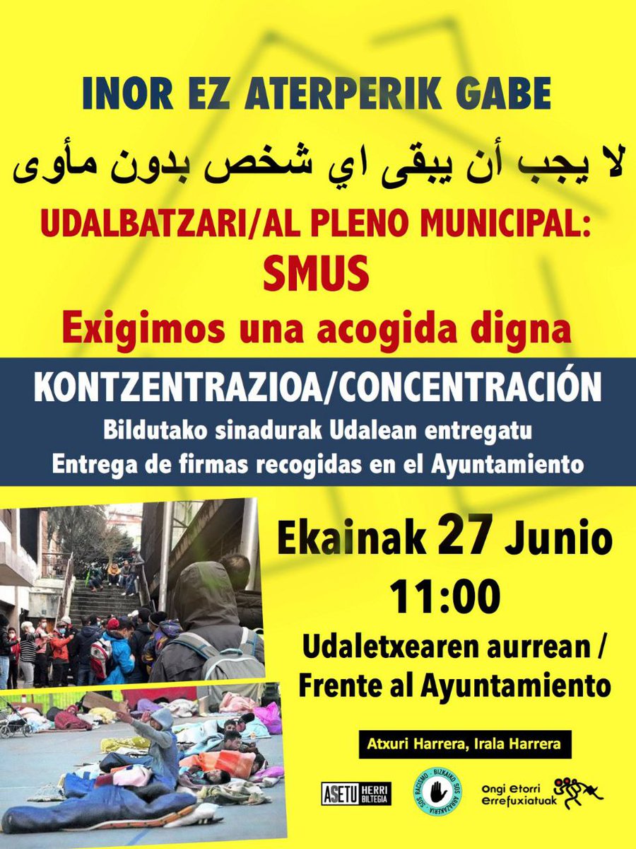 📢Bilboko Udalari exijitzen diogu ez dezala beste alde batera begiratu, bere erantzukizuna bere gain har dezala, eta larrialdi sozial honi aurre egin diezaiola.
Elkarretaratzea eta sinadurak ematea.

📅Ekainak 27.
⏰11:00.
📌Bilboko udaletxearen aurrean⁸