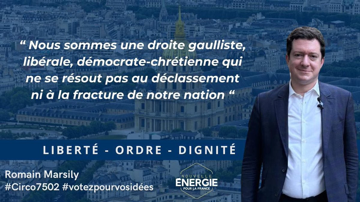 Pour une droite d’espérance, indépendante, moderne et fidèle aux grands courants de pensée qui l’ont façonnée !
@N_EnergieParis #circo7502 #Paris #Legislatives2024