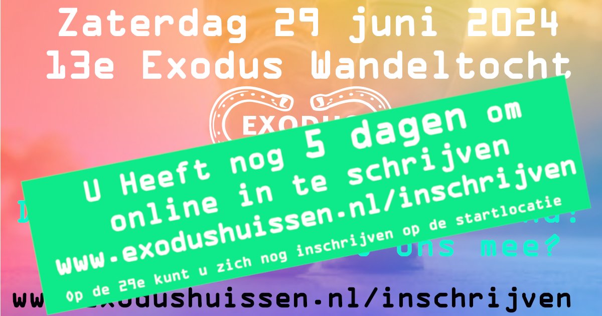 Mogen we u ook (weer) verwelkomen bij de 13e Exodus Wandeltocht op 29 juni? U Heeft nog 5 dagen om zich online aan te melden op exodushuissen.nl/inschrijven
Op de 29e kunt u zich ook nog aanmelden bij de startlocatie.

Volg ons ook op Instagram.com/exodus_huissen