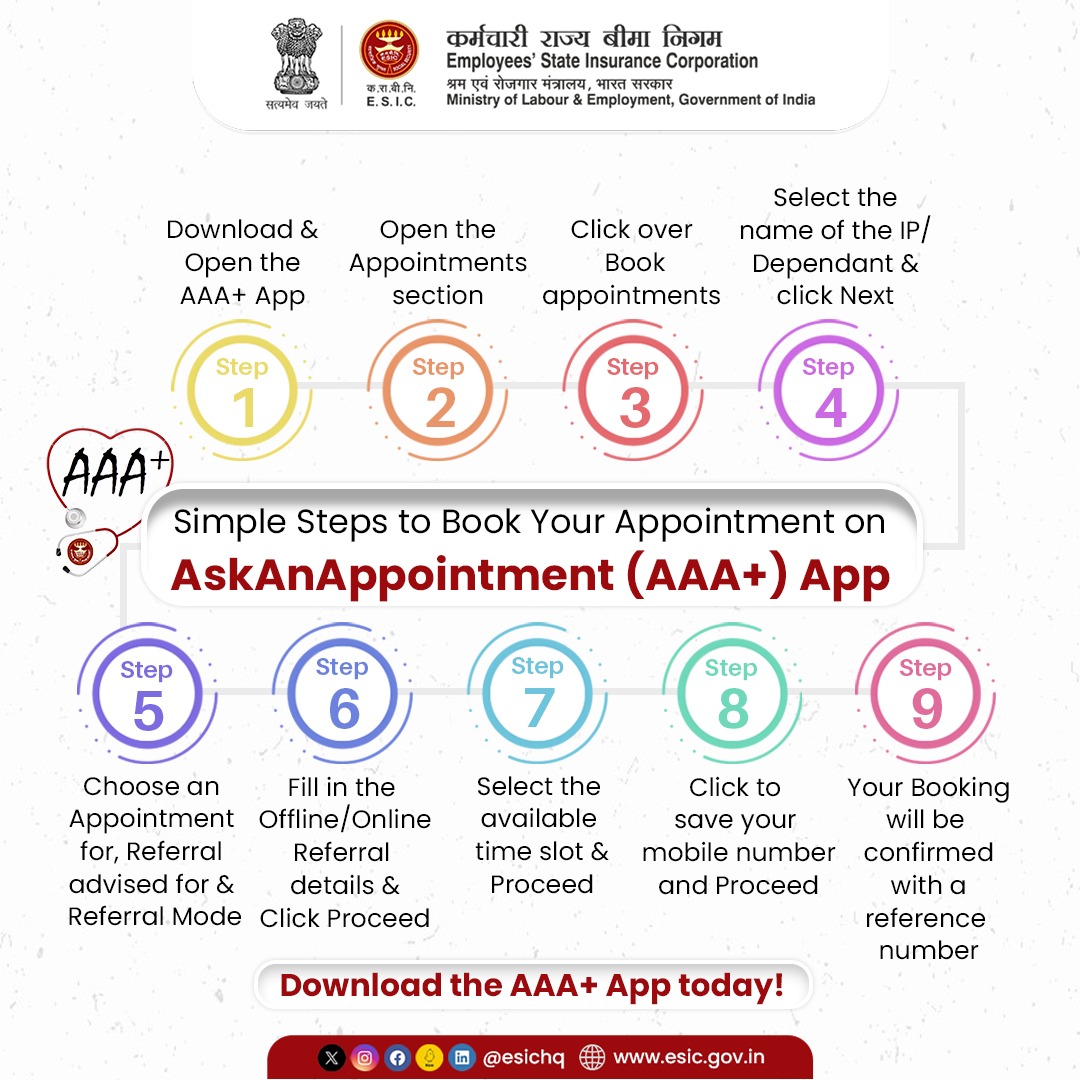 esichq's tweet image. Wait A Minute! 

If you are an Insured Person visiting ESIC Hospital or a Dispensary, easily book your OPD appointments through AskAnAppointment (AAA+) App.

#ESICHq #AskAnAppointmentApp #MobileApplication #DigitalSolutions #OPDSolution #InsuredPerson #ESIBeneficiaries
