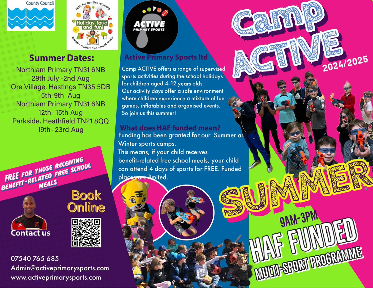 ActivePrimarySp's tweet photo. Camp Active. The place to be for children this summer. A Multi sports programme funded by @EastSussexCC book online @ActivePrimarySp spaces are filling up very quickly https://t.co/lEnQjPBUgM