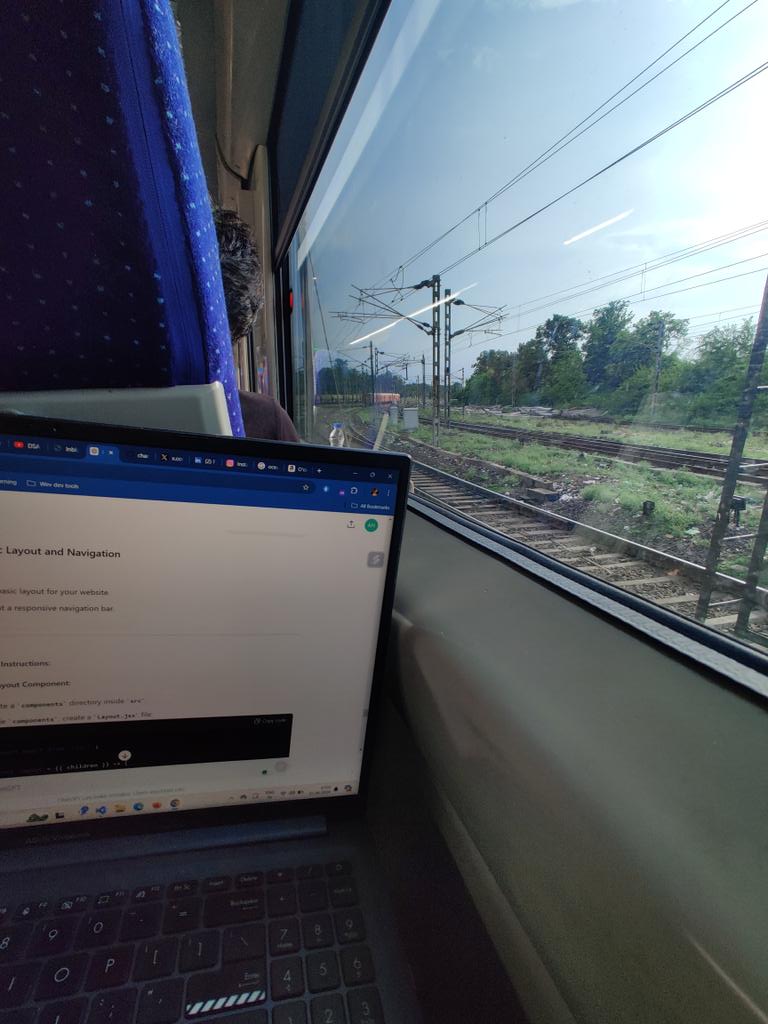 ChanpuriaA67314's tweet image. Coding on the move! ๐๐ป
Spent my Sunday coding while traveling by train. Progress never stops! #CodeOnTheGo #TrainTravels
#WebDevelopment #CodingJourney #SundayCoding #TravelAndCode #TrainTravels #100DaysOfCode #DevLife #Inspiration #LearningEveryday