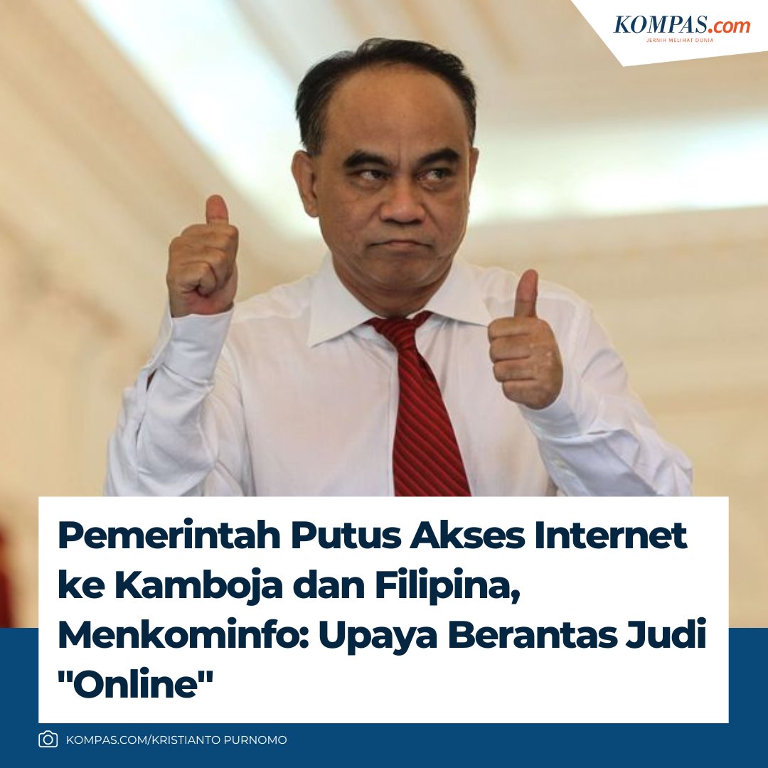 kompascom's tweet photo. Menteri Komunikasi dan Informatika (Menkominfo) Budi Arie Setiadi mengungkapkan, permintaan pemutusan akses internet dari dan ke Kamboja serta Davao Filipina oleh pemerintah, dilakukan sebagai upaya memberantas judi online.

Baca di https://t.co/awT5QBtv2s https://t.co/0Aa3BokqkT